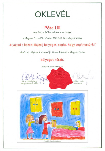 Póta Lili elismerő oklevele
